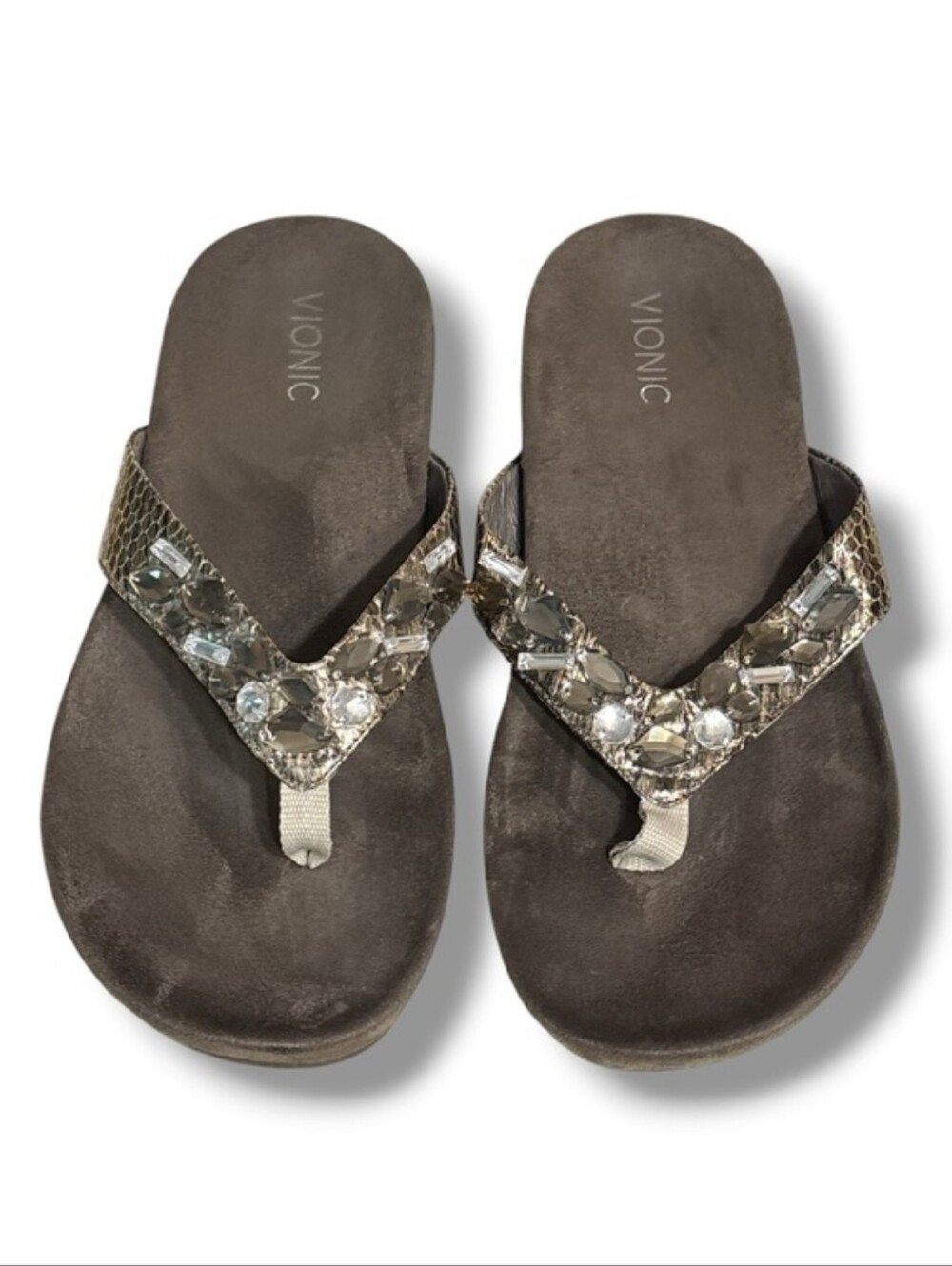 VIONIC Brown Studded Crocodile Embossed Leather Toe Post Thong Sandals Size 10